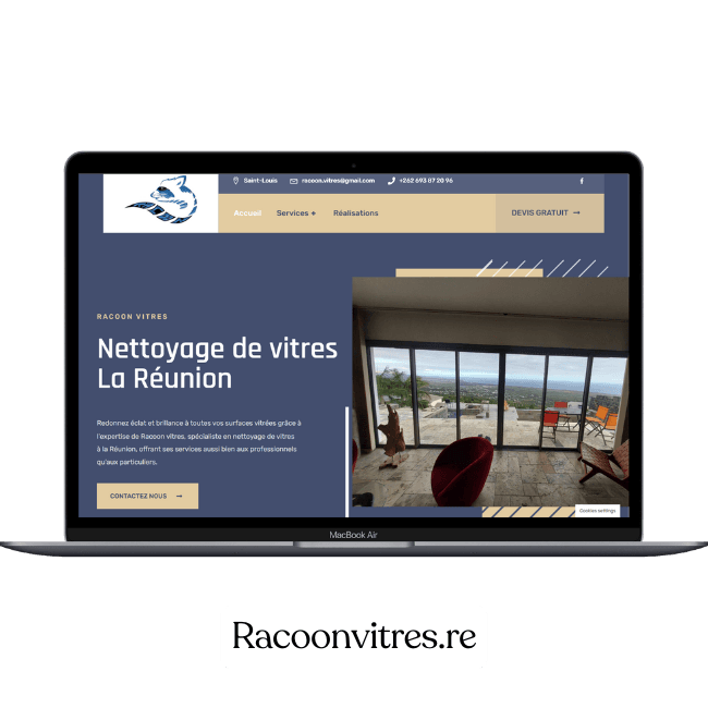 Réalisation de site web à la réunion du site racoonvitres.re pour une entreprise nettoyage de vitres