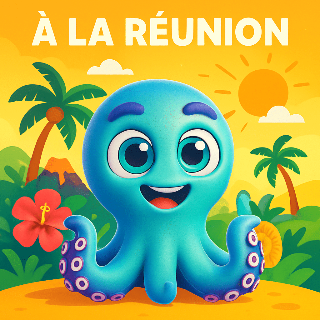 Poulpe bleu stylisé travaillant sur un ordinateur portable devant l’île de la Réunion, symbolisant la création d’un site e-commerce local.