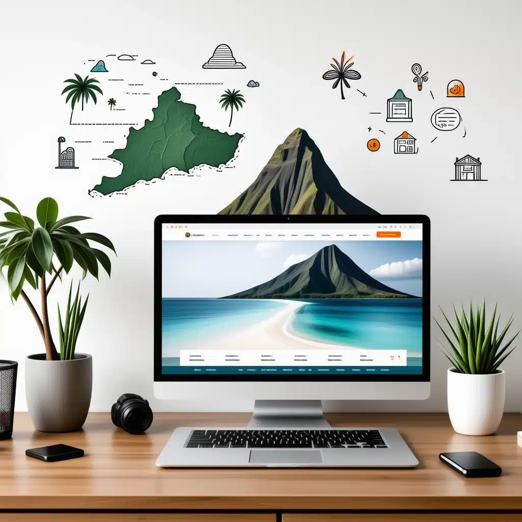 Création de Site Web à La Réunion - Un ordinateur affichant un site web responsive avec en arrière-plan le paysage volcanique et tropical de l'île de La Réunion, symbolisant la connexion entre technologie moderne et entreprises locales dans l'océan Indien." title="Solutions digitales professionnelles pour entreprises et artisans réunionnais