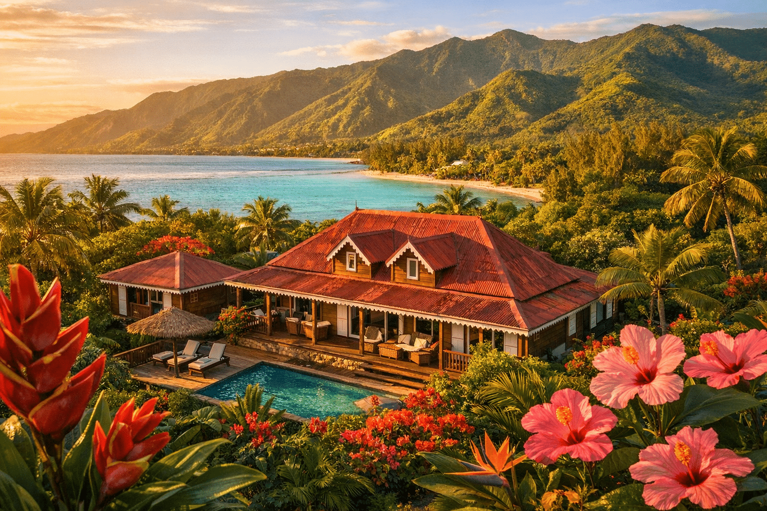 Site internet gîte Réunion — vue aérienne d'un gîte créole traditionnel avec lagon turquoise et végétation tropicale