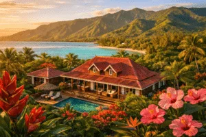 Site internet gîte Réunion — vue aérienne d'un gîte créole traditionnel avec lagon turquoise et végétation tropicale