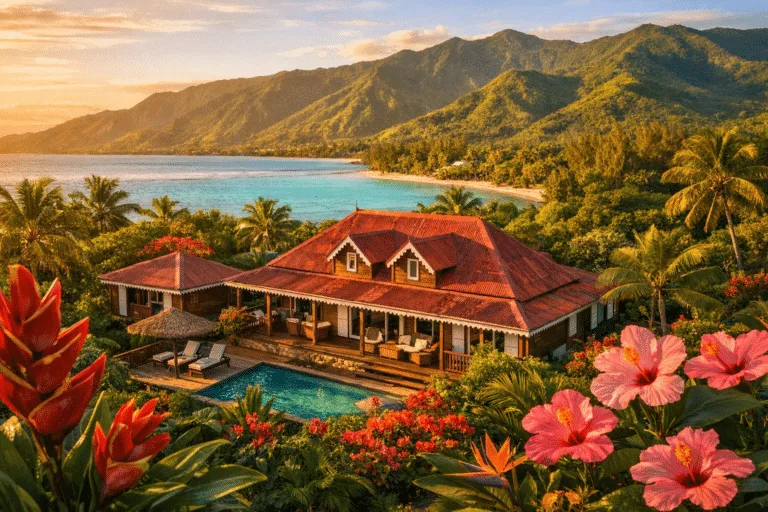 Site internet gîte Réunion, vue aérienne d'un gîte créole traditionnel avec lagon turquoise et végétation tropicale