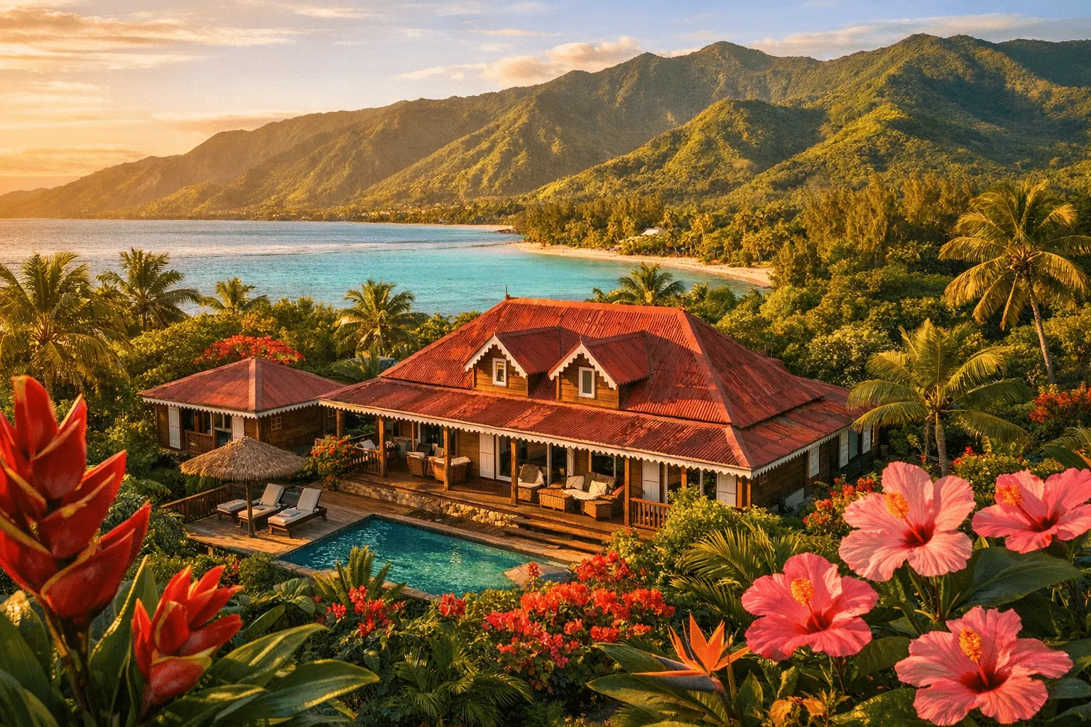 Site internet gîte Réunion — vue aérienne d'un gîte créole traditionnel avec lagon turquoise et végétation tropicale