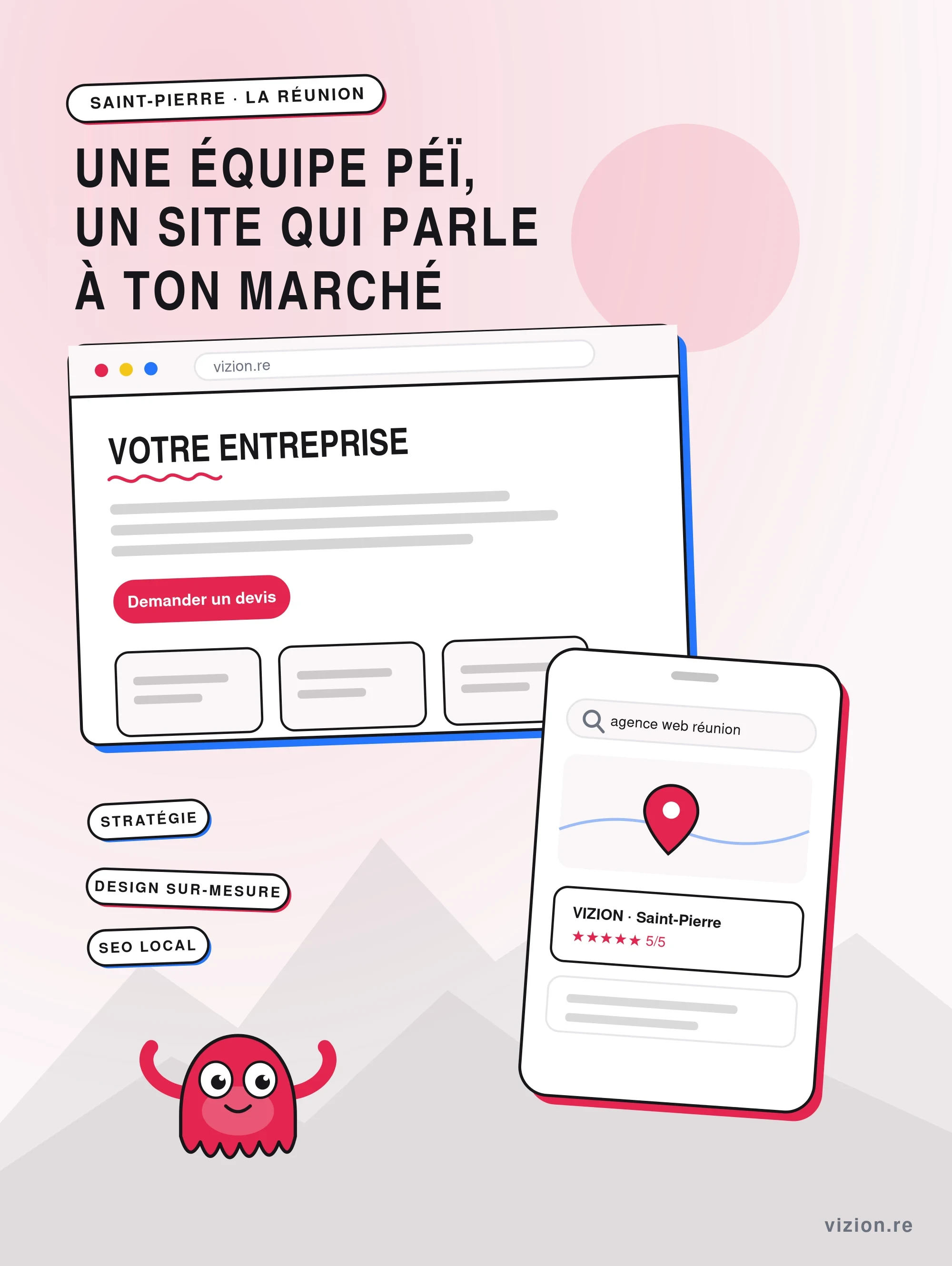 Illustration VIZION : site internet et fiche locale d'une entreprise réunionnaise, avec les reliefs de La Réunion en arrière-plan