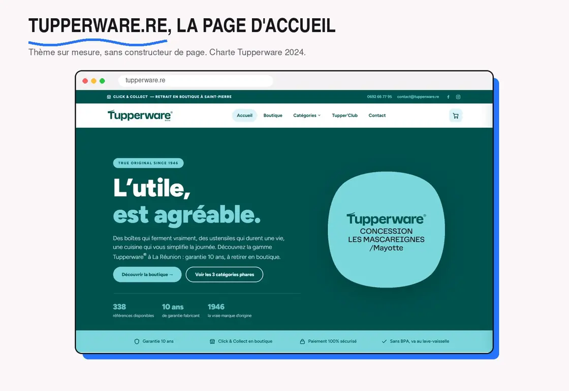 Capture de la page d'accueil de tupperware.re dans une fenêtre de navigateur : bandeau Click and Collect, logo Tupperware, titre L'utile est agréable et compteurs de références