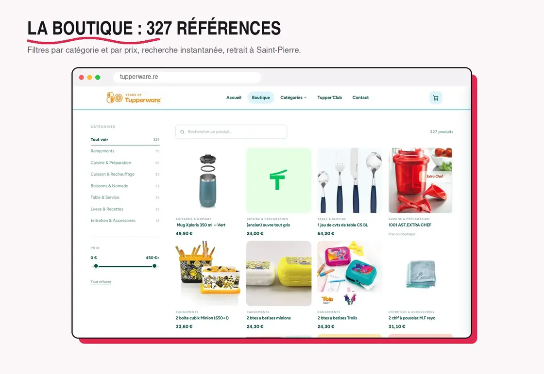 Capture de la page boutique de tupperware.re : colonne de filtres par catégorie et par prix, barre de recherche et grille de produits avec leurs tarifs