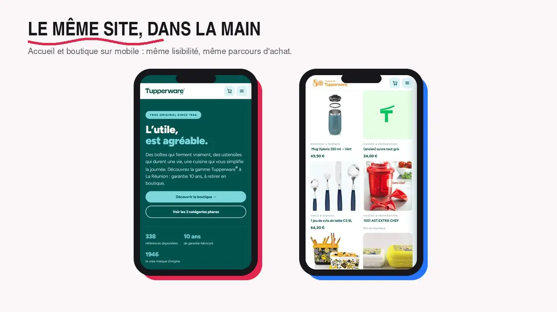 Deux téléphones côte à côte affichant tupperware.re : la page d'accueil et la grille de produits de la boutique en version mobile