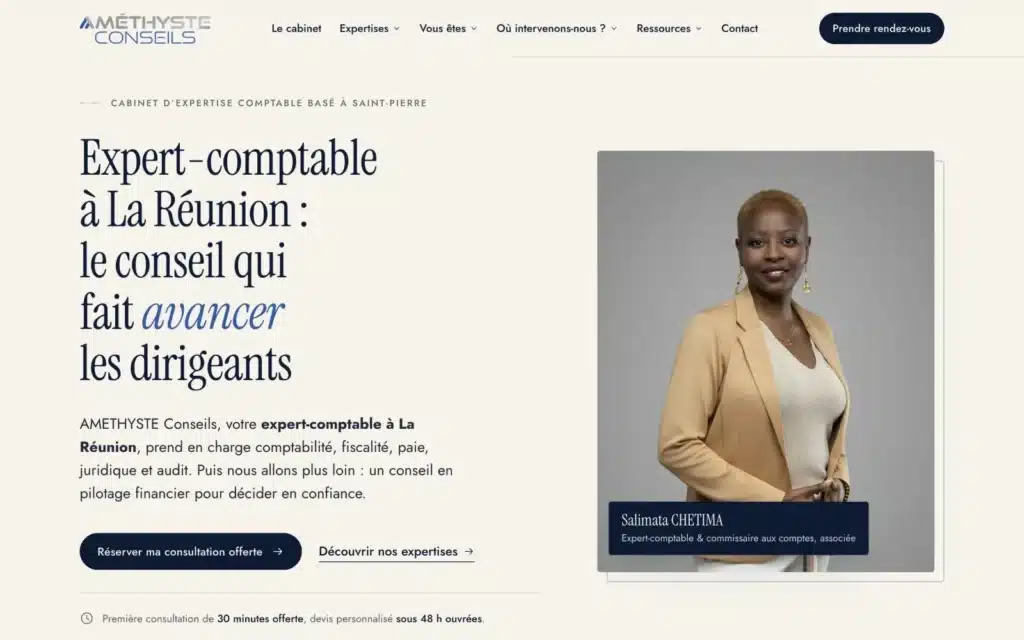Page d'accueil du site Amethyste Conseils (expert-comptable, La Réunion), réalisé par VIZION
