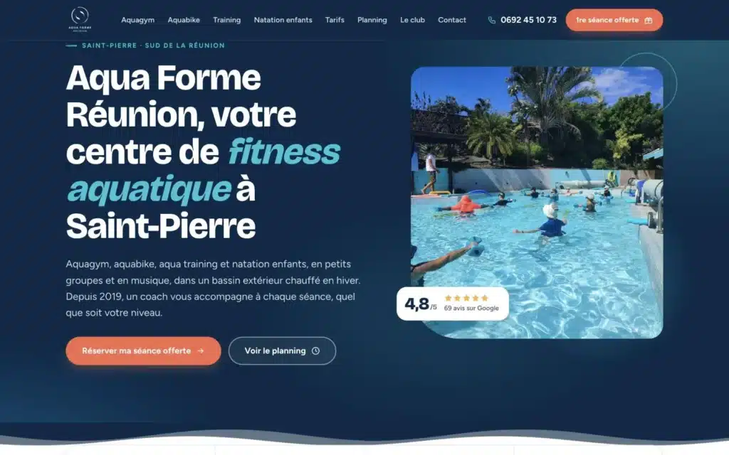 Page d'accueil du site Aqua Forme Réunion (fitness aquatique, Saint-Pierre), réalisé par VIZION