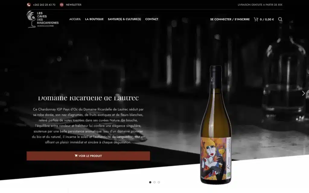 Page d'accueil du site Les Caves des Mascareignes (cave à vin, La Réunion), réalisé par VIZION
