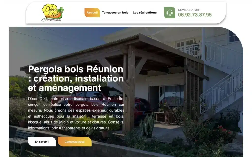 Page d'accueil du site Décodzil 974 (pergolas en bois, La Réunion), réalisé par VIZION