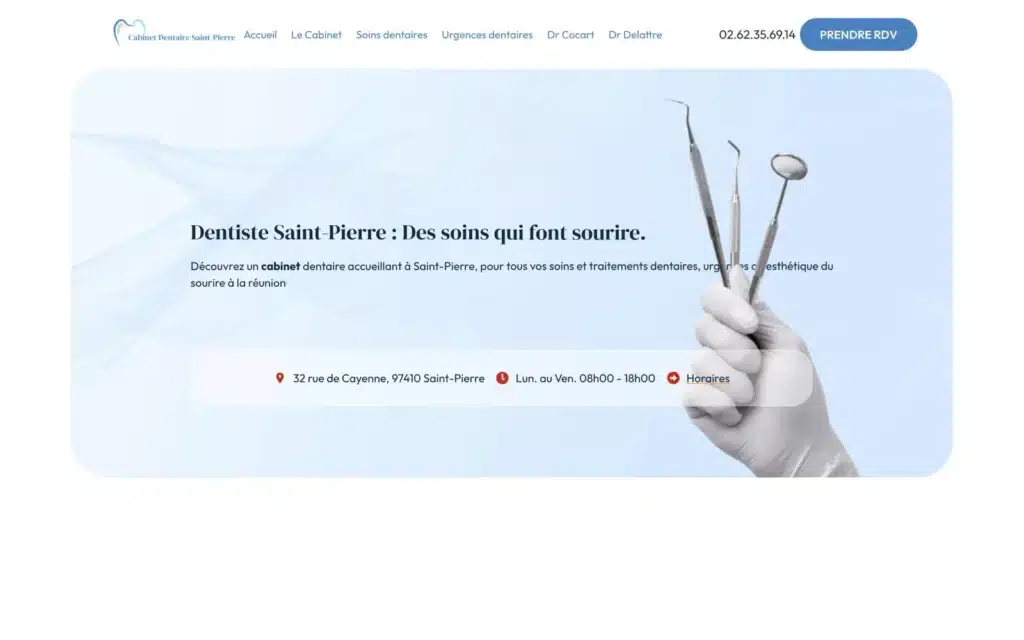 Page d'accueil du site Cabinet Delattre & Cocart (cabinet dentaire, Saint-Pierre), réalisé par VIZION