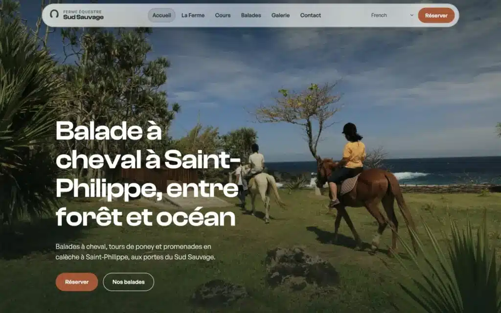 Page d'accueil du site Ferme équestre Sud Sauvage (balades à cheval, Saint-Philippe), réalisé par VIZION