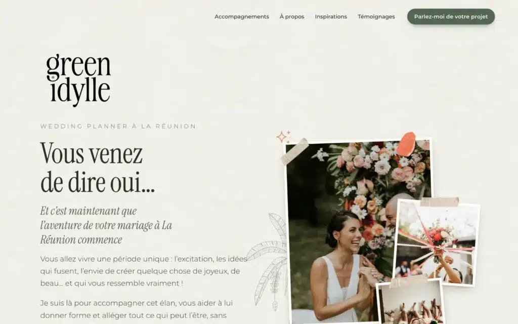Page d'accueil du site Green idylle (wedding planner éthique, La Réunion), réalisé par VIZION