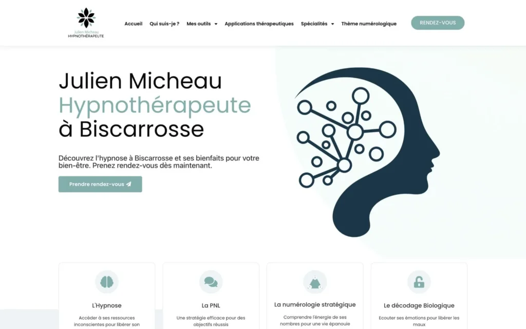 Page d'accueil du site Julien Micheau (hypnothérapeute, Biscarrosse), réalisé par VIZION