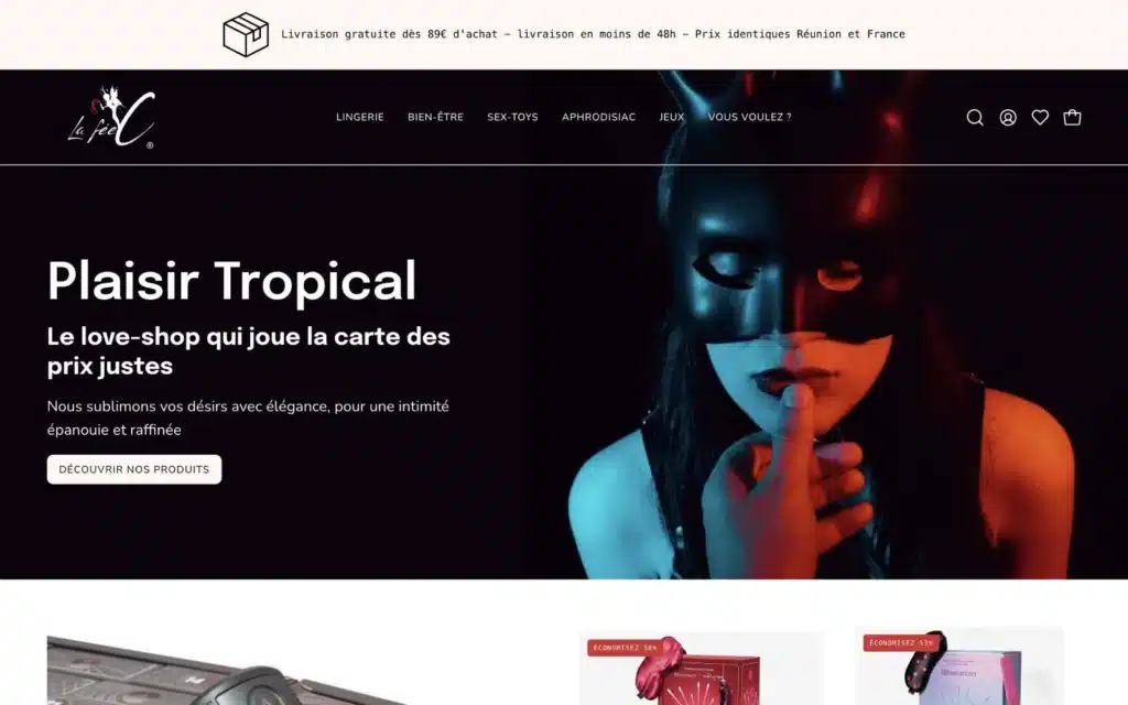 Page d'accueil du site La Fée C (love shop, La Réunion), réalisé par VIZION