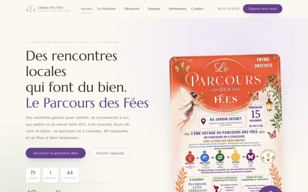 Page d'accueil du site Lakour des Fées (salon bien-être et artisanat, Saint-Pierre), réalisé par VIZION