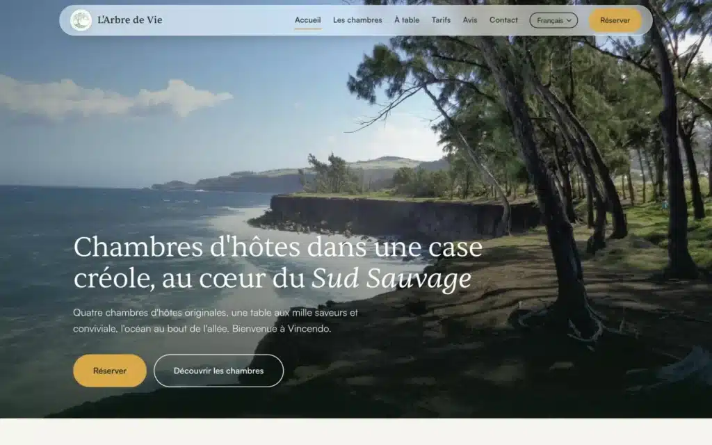 Page d'accueil du site L'Arbre de Vie (chambres et table d'hôtes, Vincendo, Saint-Joseph), réalisé par VIZION