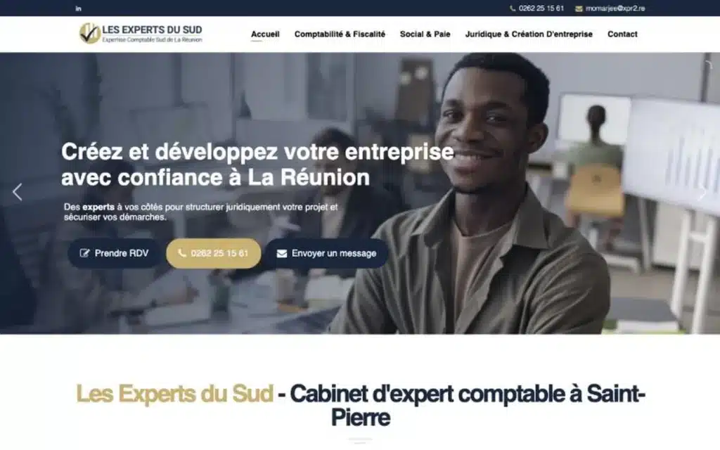 Page d'accueil du site Les Experts du Sud (expert-comptable, Saint-Pierre), réalisé par VIZION