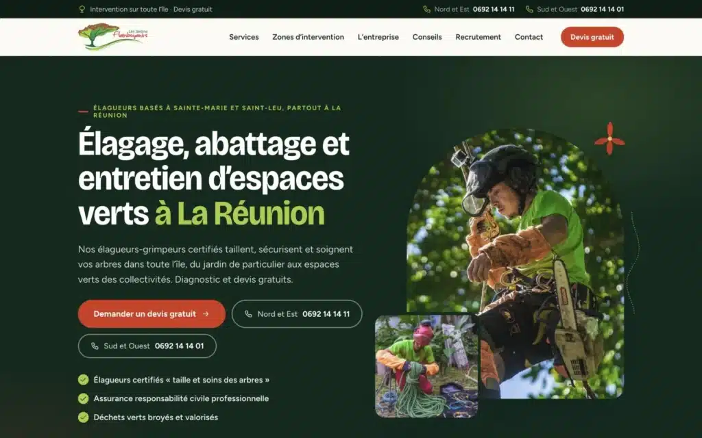 Page d'accueil du site Les Jardins Flamboyants (élagueur, La Réunion), réalisé par VIZION