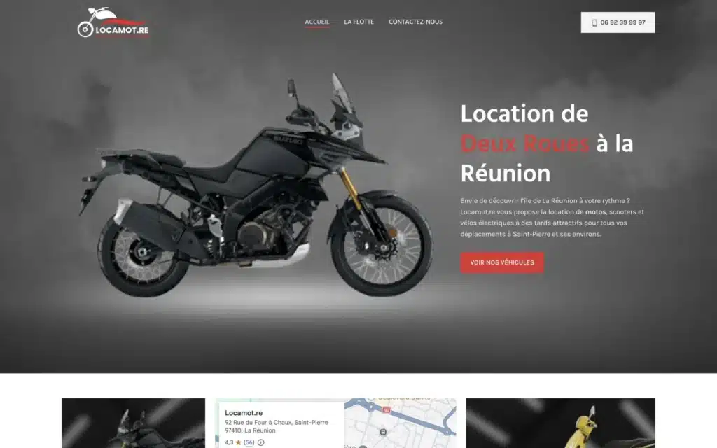 Page d'accueil du site Locamot (location de deux-roues, Saint-Pierre), réalisé par VIZION