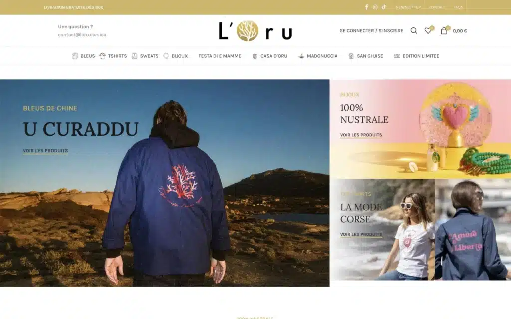 Page d'accueil du site L'Oru (mode et bijoux, Corse), réalisé par VIZION