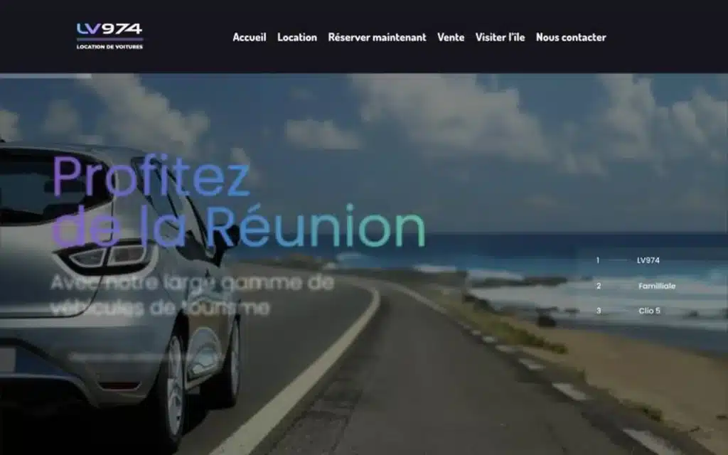 Page d'accueil du site LV974 (location de voitures, La Réunion), réalisé par VIZION