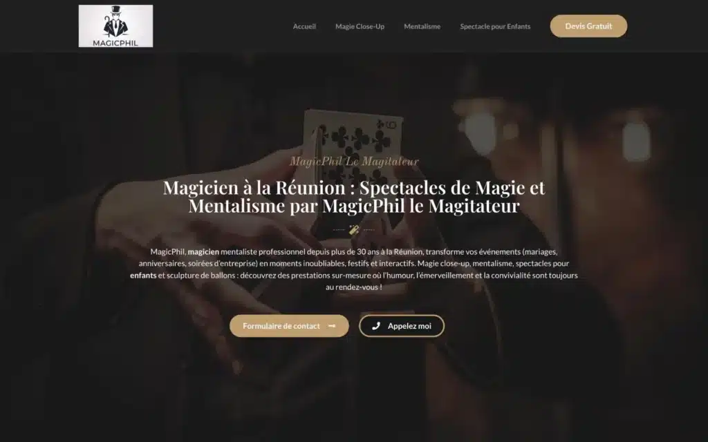 Page d'accueil du site MagicPhil (magicien, La Réunion), réalisé par VIZION