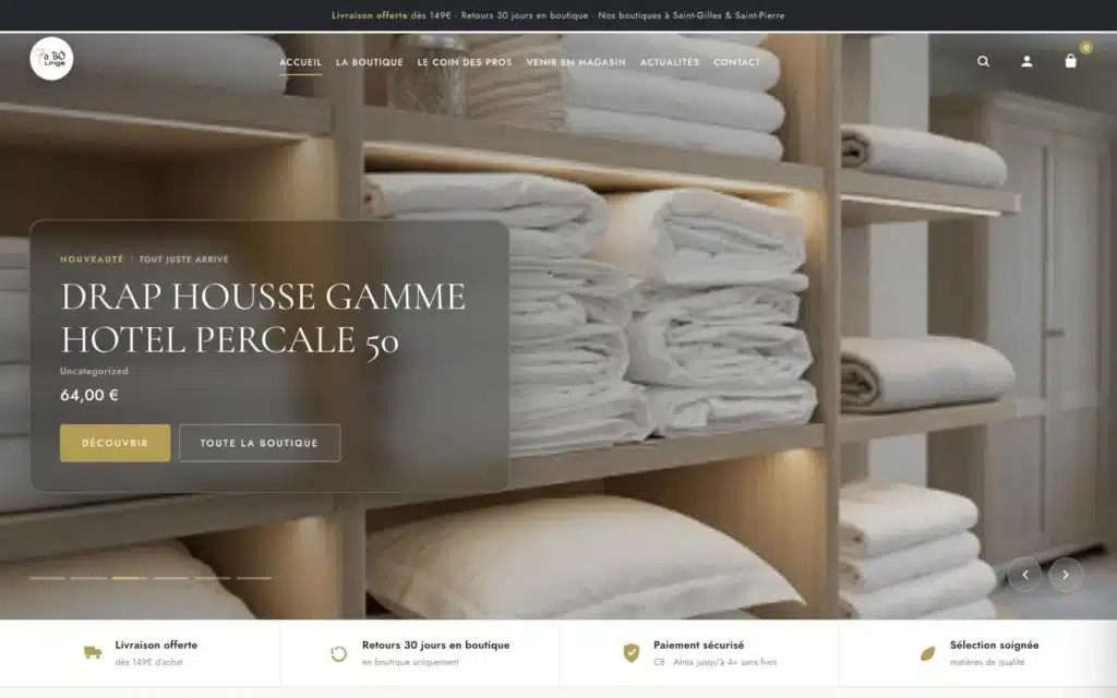 Page d'accueil du site Ô Bô Linge (linge de maison, La Réunion), réalisé par VIZION
