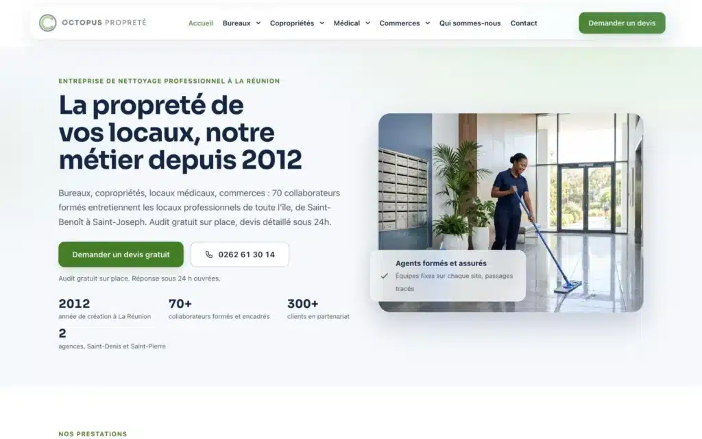 Page d'accueil du site Octopus Propreté (entreprise de nettoyage, La Réunion), réalisé par VIZION