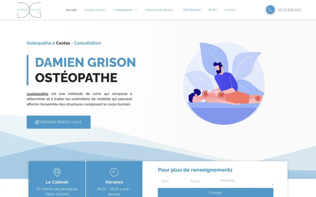 Page d'accueil du site Ostéopathe D.O (ostéopathe, Cestas), réalisé par VIZION