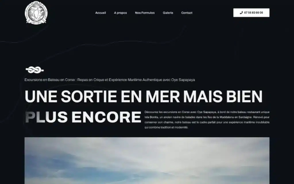 Page d'accueil du site Oye Sapapaya (excursions en bateau, Corse), réalisé par VIZION