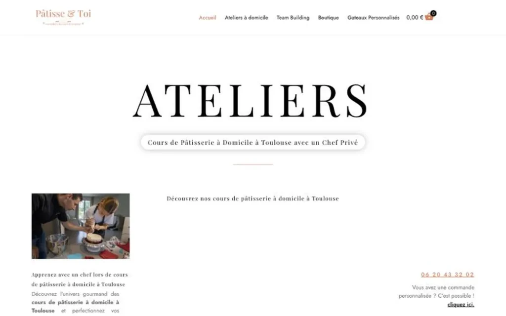Page d'accueil du site Pâtisse & Toi (cours de pâtisserie, Toulouse), réalisé par VIZION