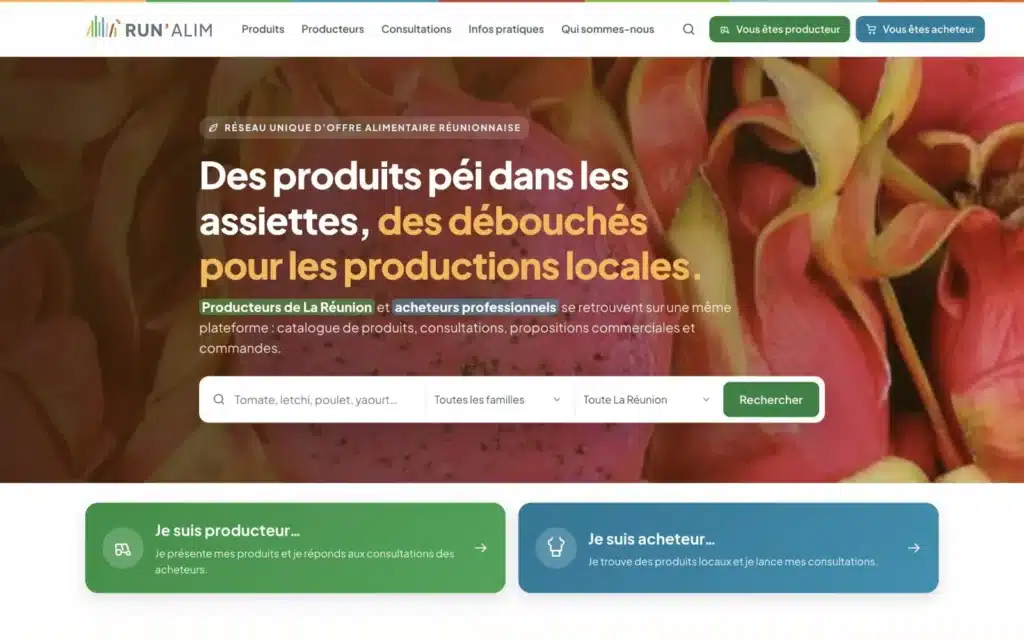 Page d'accueil du site Run'Alim (réseau alimentaire, La Réunion), réalisé par VIZION