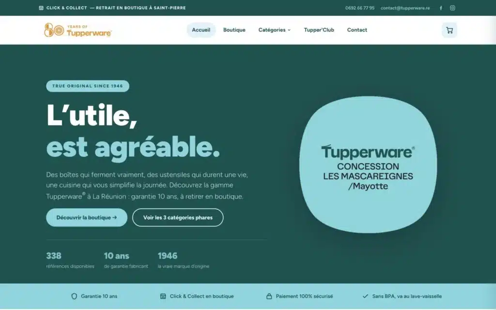 Page d'accueil du site Tupperware La Réunion (boutique en ligne, Saint-Pierre), réalisé par VIZION
